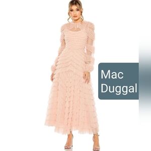 Mac Duggal PINK HIGH NECK PUFF LONG SLEEVE RUFFLE TIERED TULLE GOWN